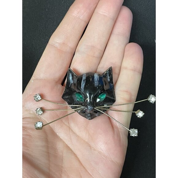 RARE Vintage Unsigned CORO CAT Head Fur Clip Rhinestone Eyes Black Cat - Picture 7 of 16